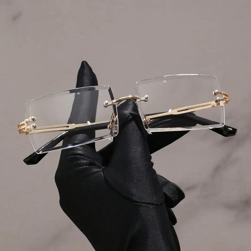 2PCS Retro Square Vintage Rimless Clear Lens Glasses for Women and Men Fashion Transparent Eyewear with Metal Frame and Hinges