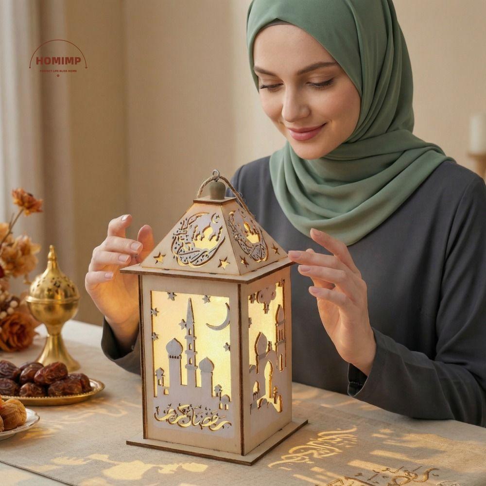 Festival Party Wooden Ramadan LED Lantern Hanging Moon Star Design Eid Mubarak Lantern Hollow Lantern Ornament Festival Party