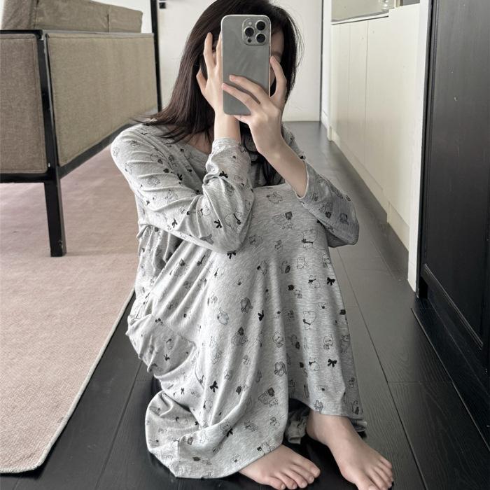 

New nightgown women s spring and autumn long-sleeved modal cat autumn and winter thin pajamas loungewear with chest pad 160(M)