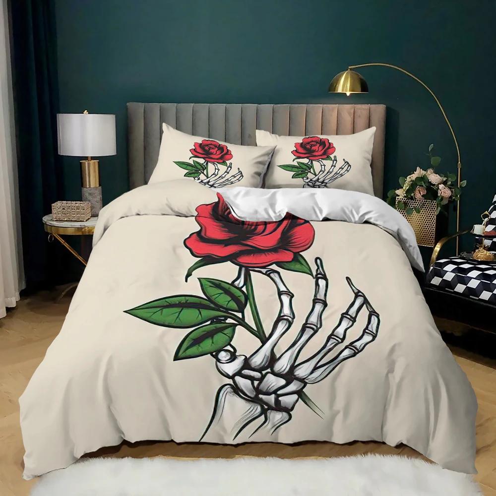 Skull Duvet Cover Queen Size Gothic Skeleton Bedding Set Rose Flower Polyester Comforter Cover For Kids Teens Adults Halloween