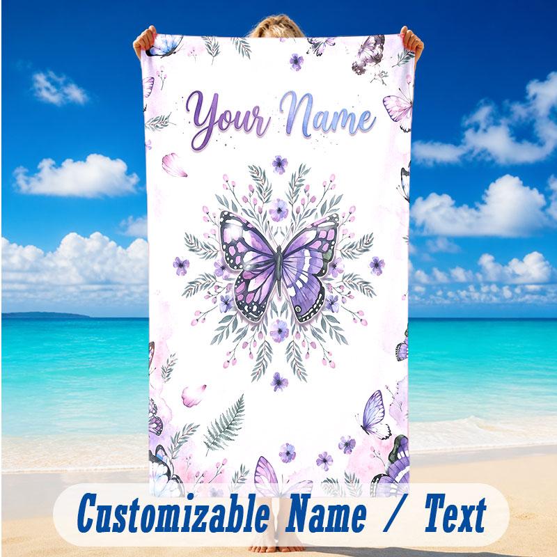 Butterfly Theme Beach Towel Personalized Custom Name & Text Soft Quick Dry Beach Towel for Swimming Travel