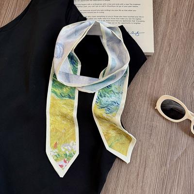 Silk Scarf Long Strip High Sense Spring and Summer Versatile Oil Painting Headscarf Headband Tied Bag Streamer Decorative Scarf Multi-purpose Belt