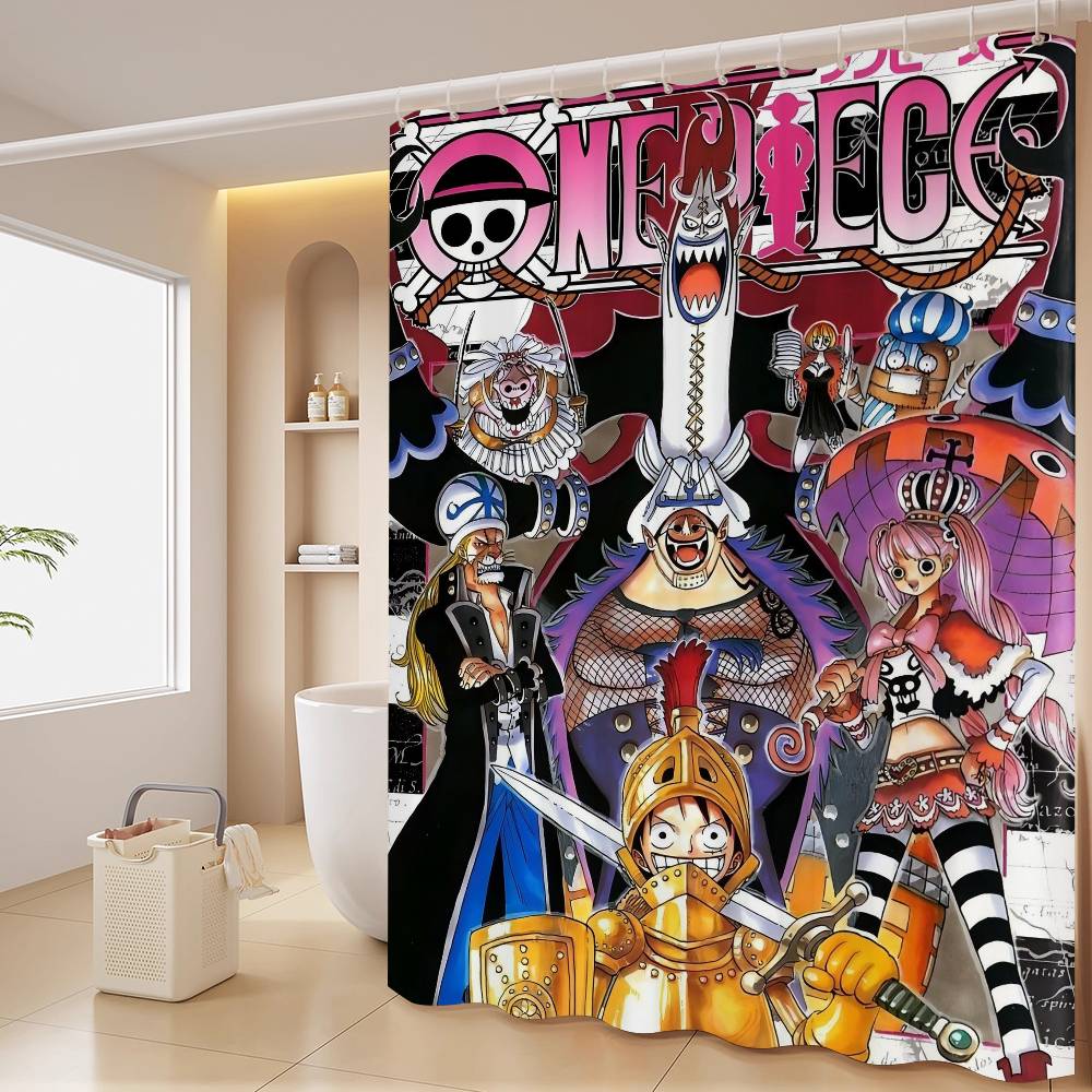 Anime O-ONE P-PIECE Shower Curtain Outdoor Scenery Summer Vacation Bathroom Decor Holiday Polyester Bath Curtain With Hooks