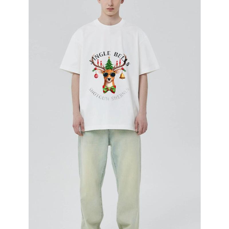 Black T Shirt with Deer Christmas Tree and Sunglasses Print Jingle Bells Shotgun Shernls Text Holiday Party Wear