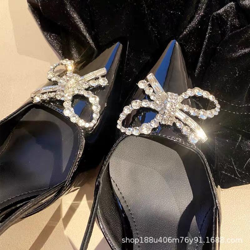 

[Spot] 2025 new bow rhinestone black high heels pointed sexy royal sister with sandals 34