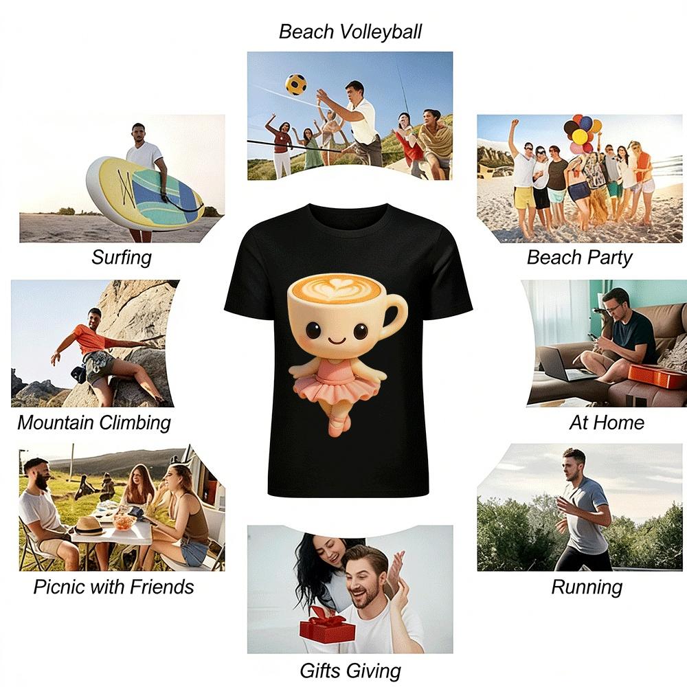 Cute Ballet Coffee Cup Print Casual Short Sleeve Top Pure cotton T-shirt