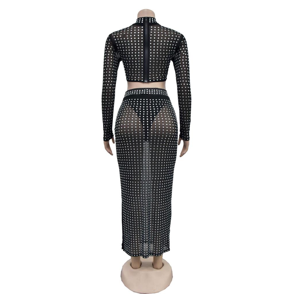 Women's European and American Fashion Solid Color Mesh Two-Piece Skirt Set with Hot Drilling