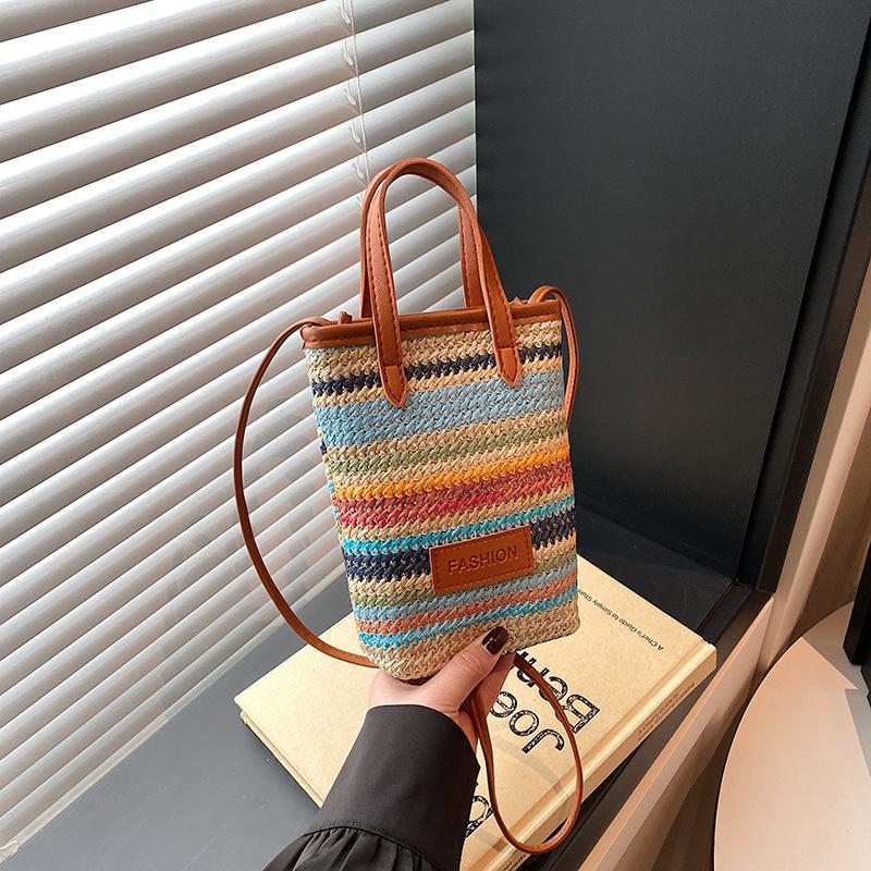 Korean version of the color striped new 2025 girls spring and summer trend fashion woven bag shoulder crossbody mobile phone bag