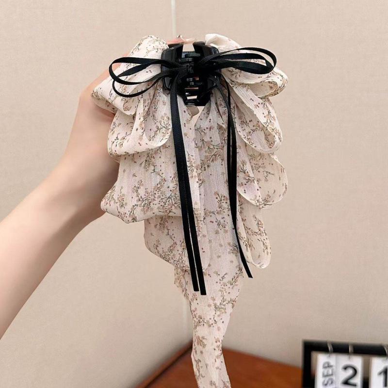 Elegant French Floral Bow Claw Hair Clip for Women - Layered Half-Up Style