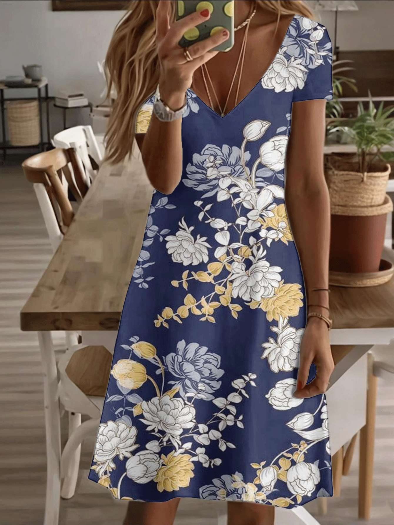 

Vneck shortsleeve midi dress floral women blue yellow peony print pattern 3D premium printing durable soft fabric elegant comfortable casual fashion s M дубильная кора