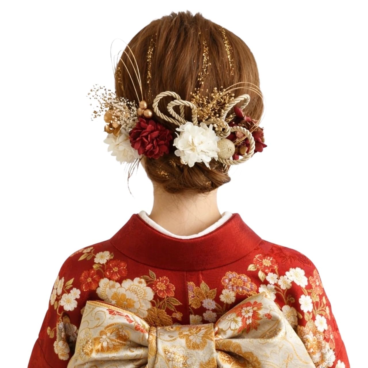 

[Bria] Preserved Flower Hair Ornament with Gold Leaf and Braided Cord (Red) for Coming-of-Age Ceremony, Graduation Ceremony, Wedding, Shichi-Go-San