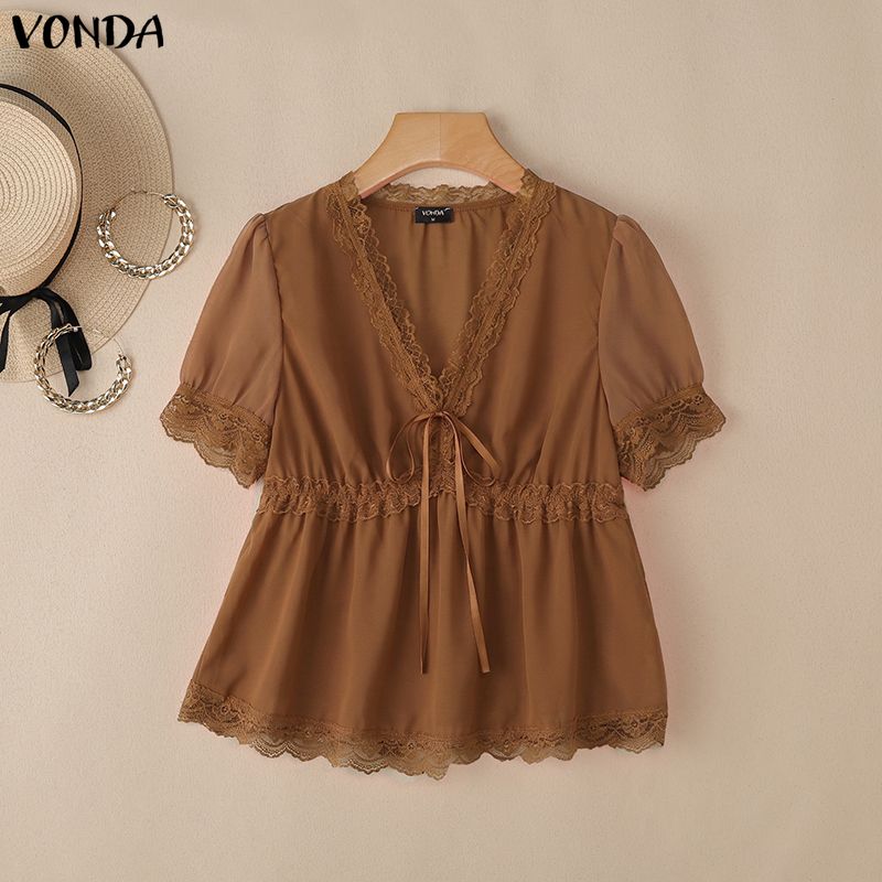 VONDA Women V Neck Short Sleeve Lace Hem Sheer Patchwork Casual Blouse Tops