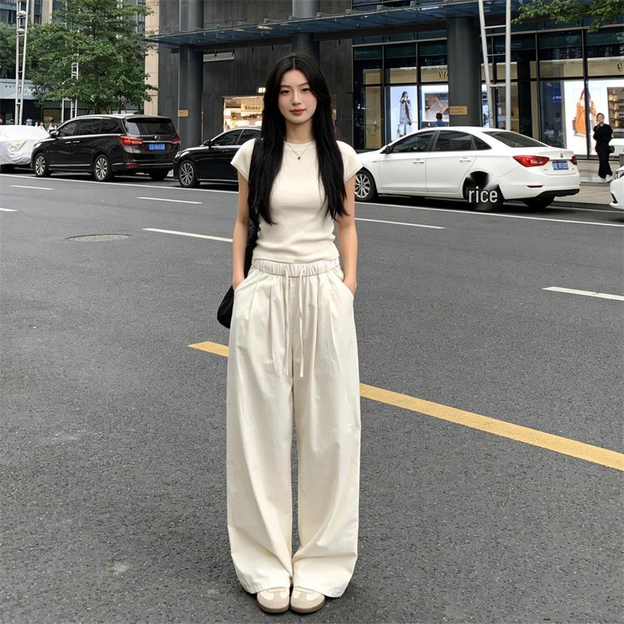 Women's Summer Yamo Wide-Leg White Pants: Casual, Loose-Fit, Milk Puff Texture