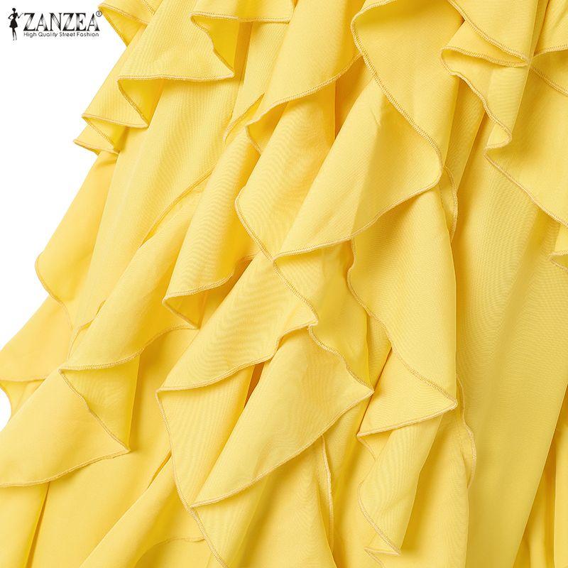 ZANZEA Women Casual V-Neck Sleeveless Ruffles Long Dress Holiday