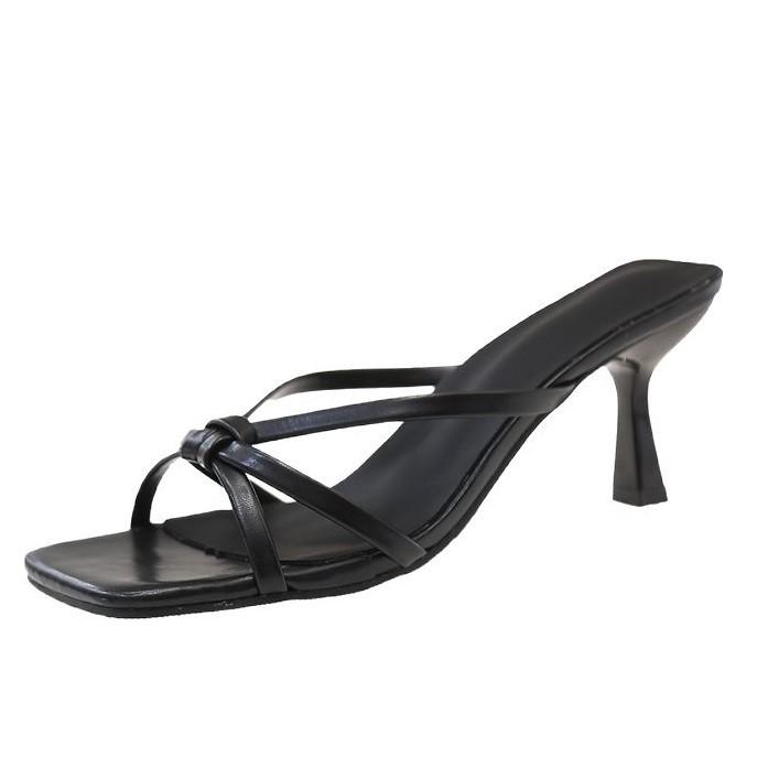 Coarse Heel French Slippers Women's Summer Outer Wear 2025 New Middle Heel One-word Drag Fairy Wind Silver Cool Slippers Women