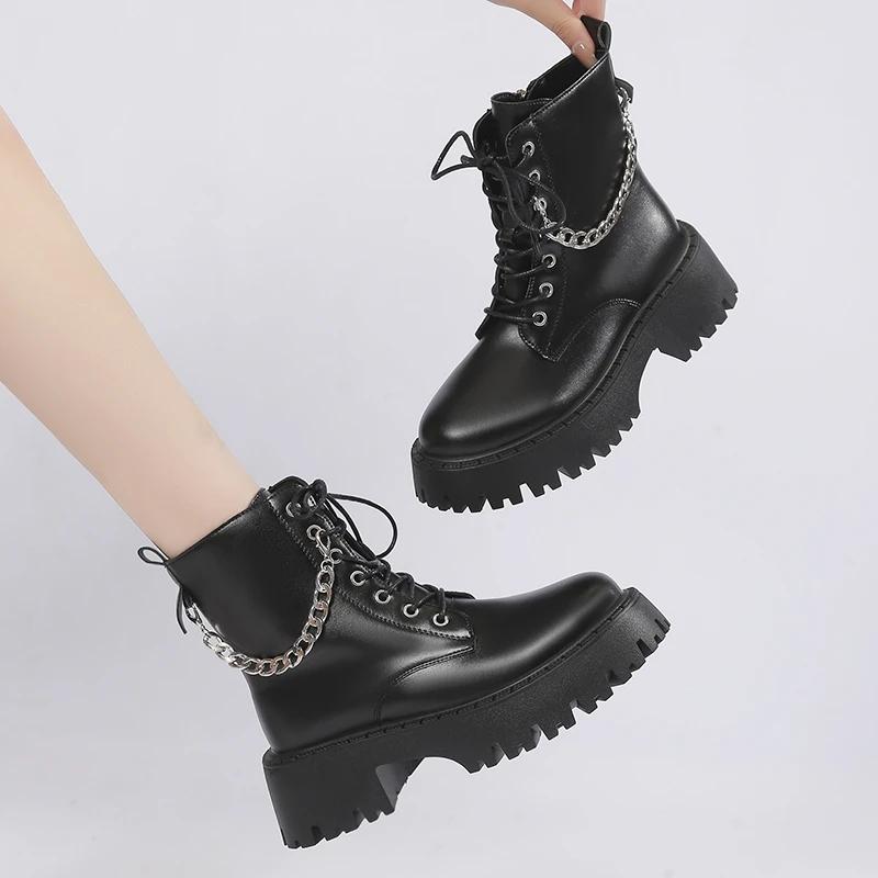 Women Boots Autumn Black Chain Belt Buckle Round Toe Short Boots Fashion Motorcycle Ankle Boots Women Zapatos Mujer