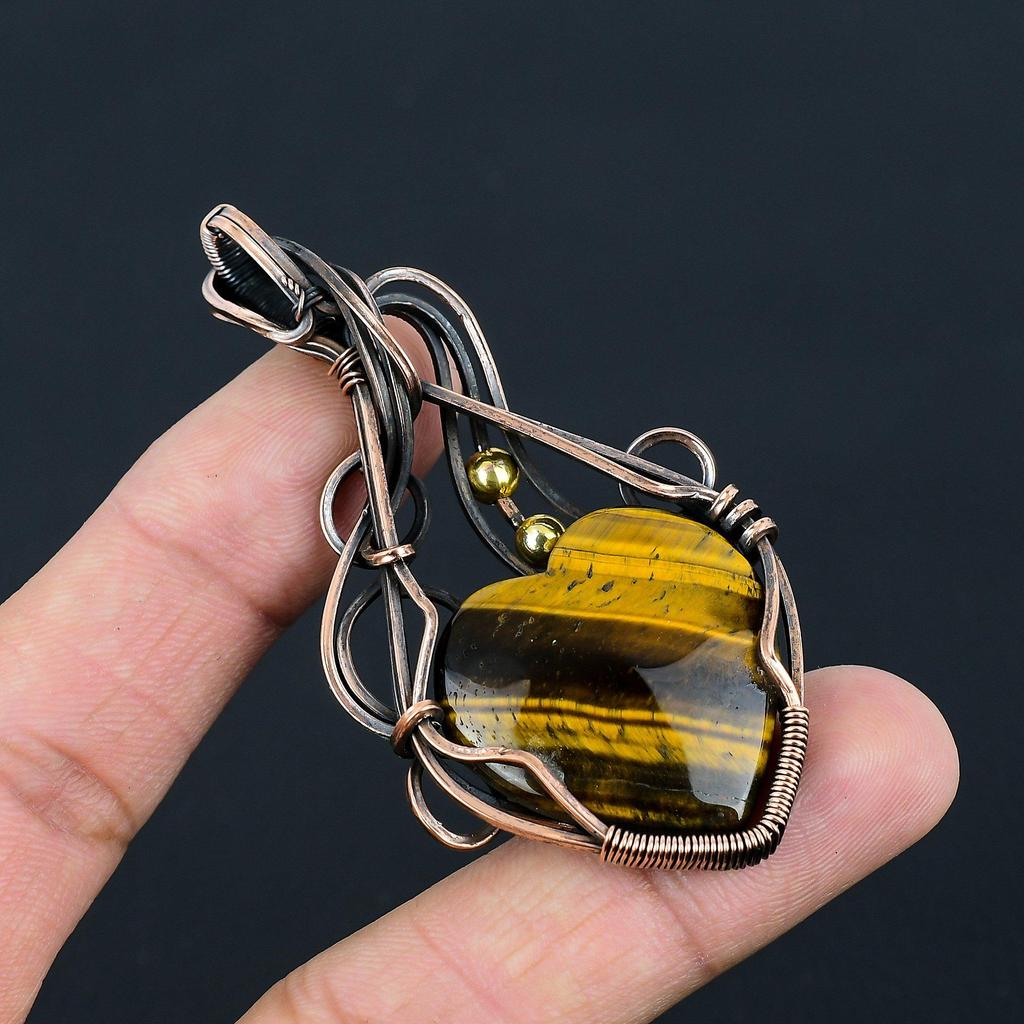 Tiger Eye Gemstone Handmade Pure Copper Wire Wrapped Pendant Jewelry For Women