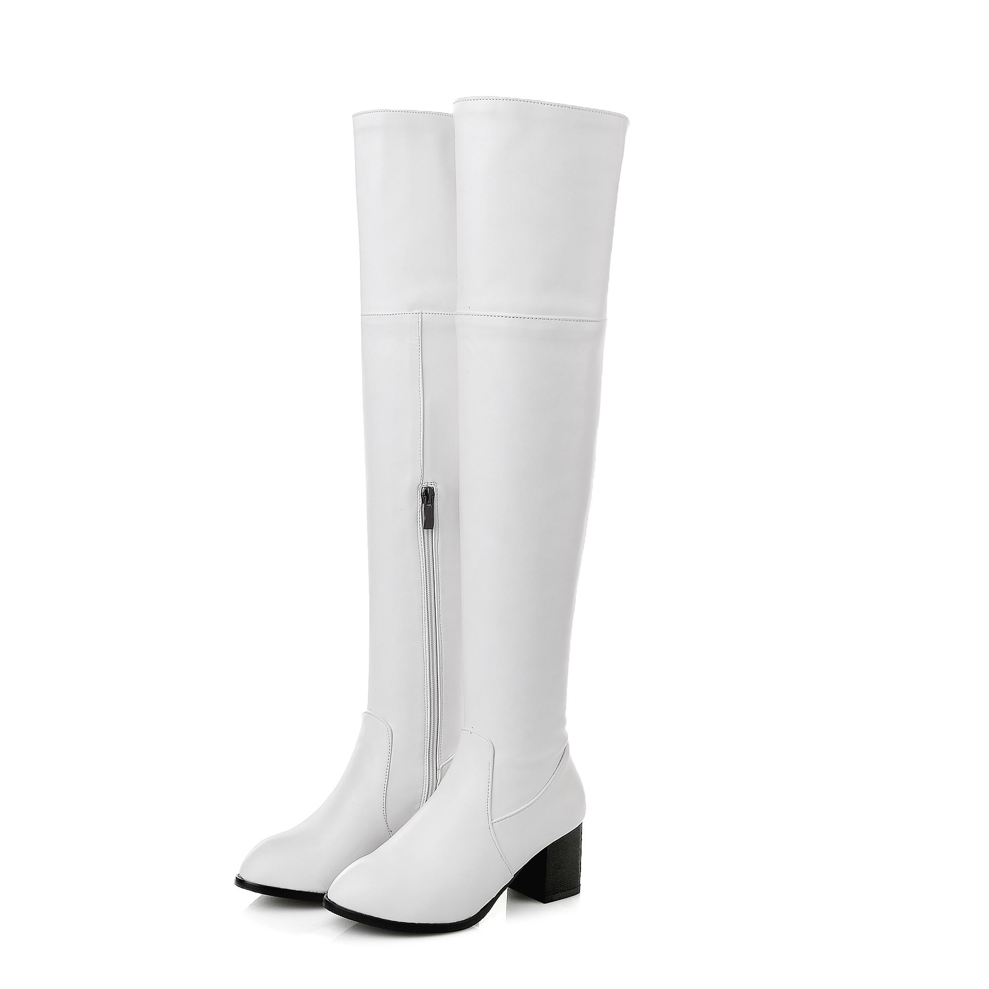 

2025 Pure Color Elastic Pu Knee Boots Plus Size Round Toe Thick Heel Side Zipper Warm Inner Sleeve Slip On Long Women s Boots 39 білий