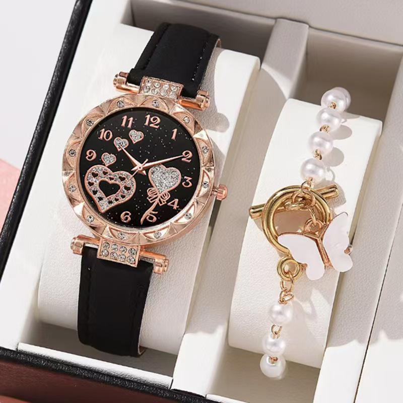

Элегантный хрустальный браслет с сердцем и бабочкой и кварцевые часы на кожаном ремешке с набором розовых драгоценных камней