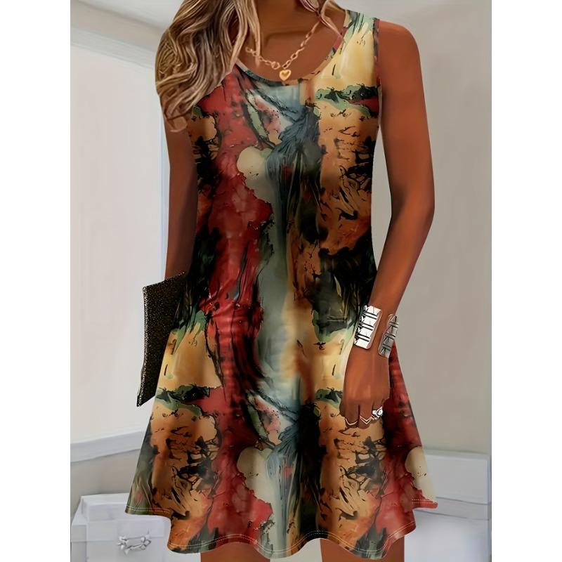 

Cat ears directional women s round neck sleeveless abstract pattern print dress XL