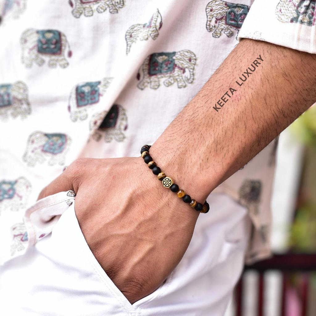 Genuine Tiger's Eye & Matte Onyx Bead Bracelet Celtic Shield Knot Bracelets for Men Tiger's Eye Beaded Jewelry Unique Fashion for Men