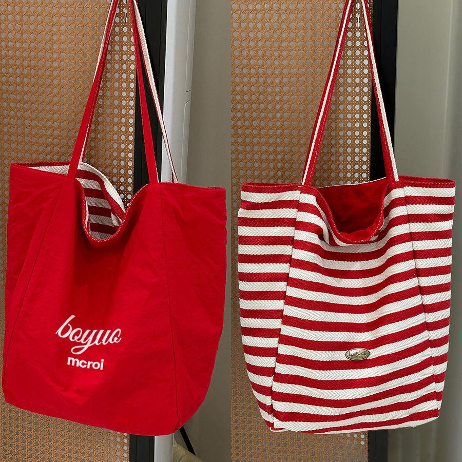 

JIAERDI Retro Red Striped Canvas Bag For Women 2025 New Trendy Large Capacity Tote Bag Purse Ladies Vintage Shopping Handbag New 25X34X14CM червоний