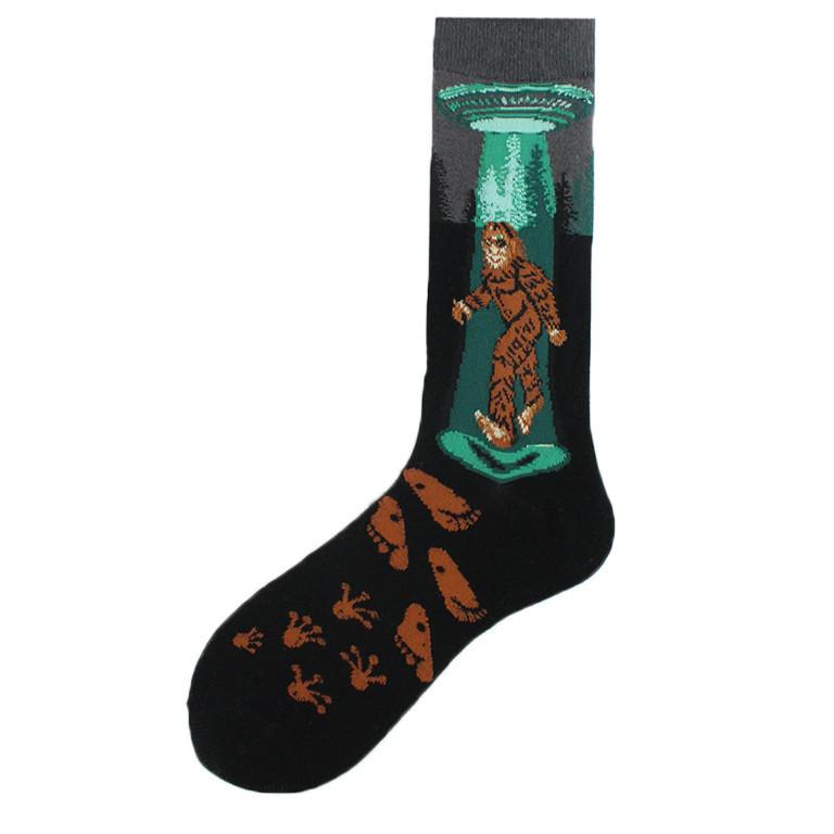 Happy Funny Unisex Painting UFO Astronaut Outer Space Rocket Men Crew Socks Male Boys Streetwear Cotton Causal Skateboard Sox
