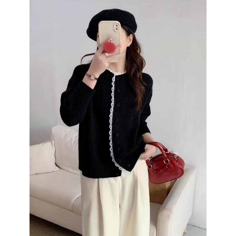 

Ранней весной новый кружевной край с круглым вырезом, свободный простой трикотажный жакет с длинными рукавами, женский кардиган конфетных цветов, уменьшающий возраст average size чёрный