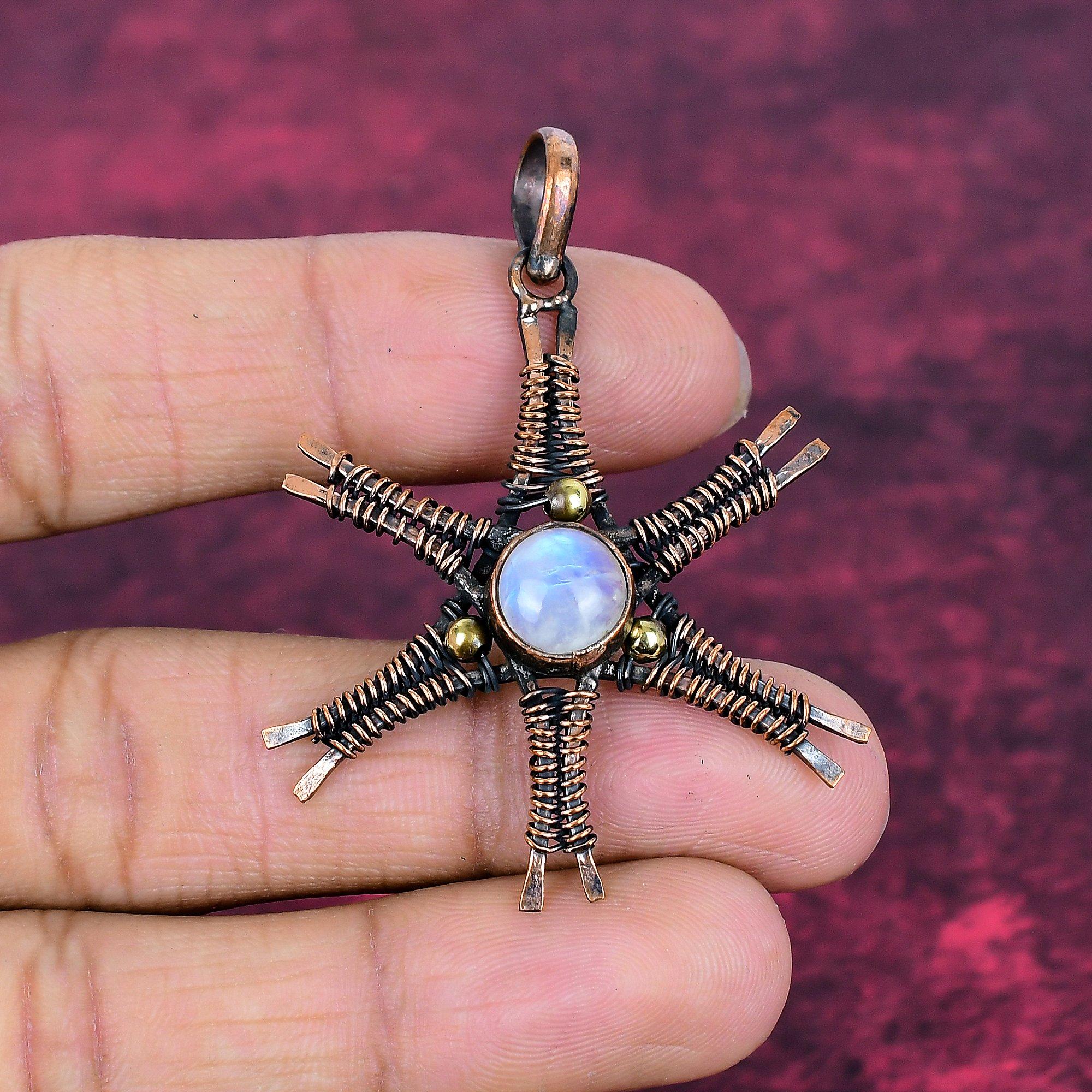 Rainbow Moonstone Pendant Gemstone Star Pendant Copper Wire Wrap Antique Pendant