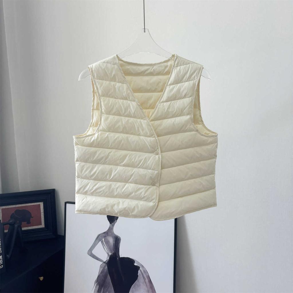 Vestă albă de puf de gâscă de calitate, cu decolteu în V, mărime mare, vestă de puf ușoară și călduroasă, versatilă pentru interior, maiou și îmbrăcăminte exterioară pentru femei