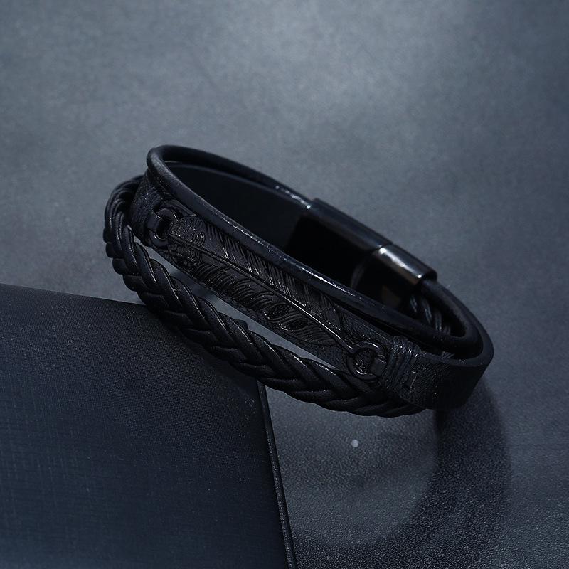 Stainless Steel Clasp Leather Braid Charm Feather Bracelet Fashion Bracelets for Men and Women