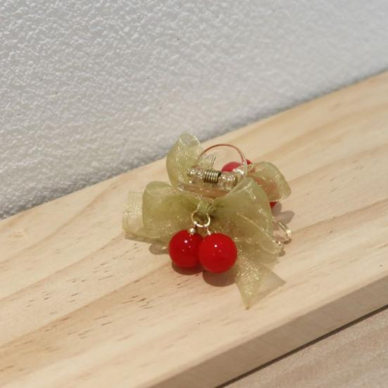Hairpin Transparent Clip Gentle Non-Harmful Design Smooth Edges Hair Clip Green Gauze Bow Red Beaded Cherry Hair