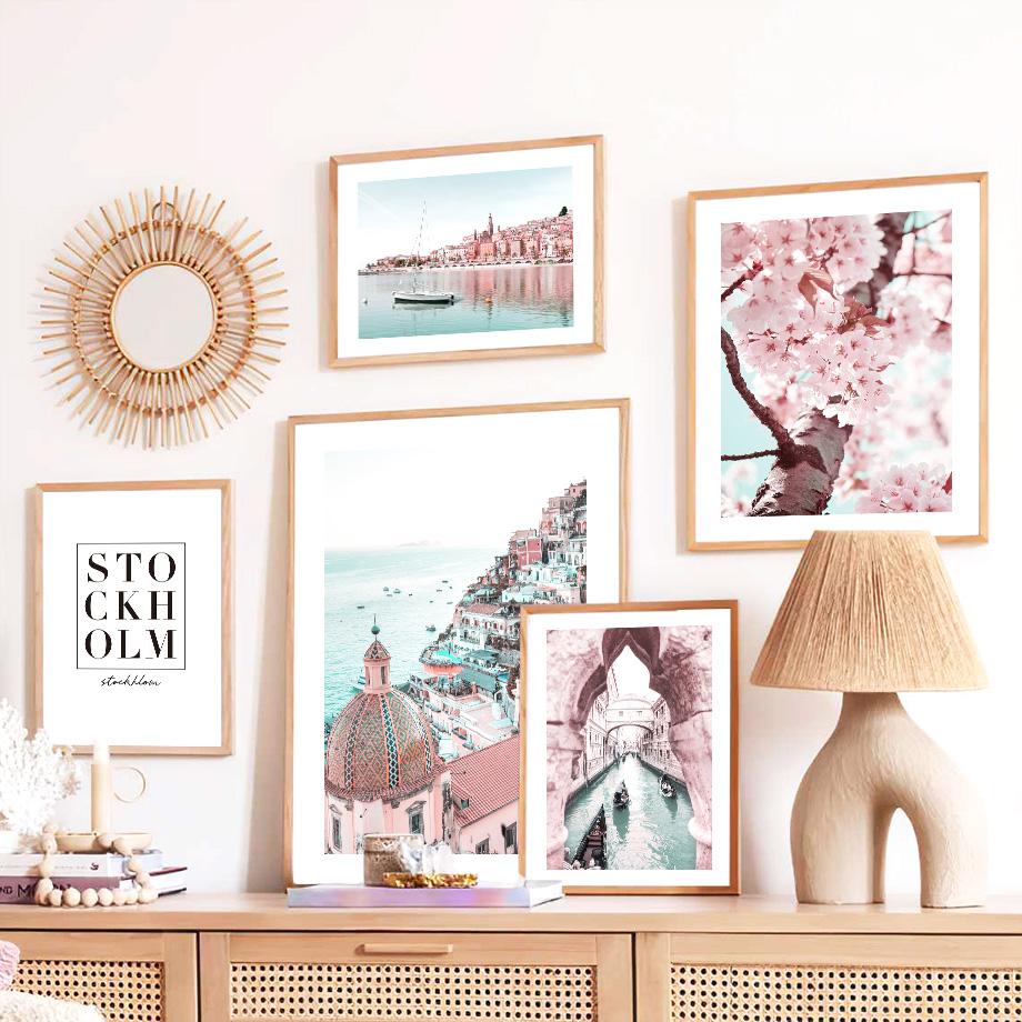 Venice Canal Sakura Beach Palm Tree Door Wall Art Canvas Painting Nordic Posters And Prints Wall Pictures For Living Room Decor