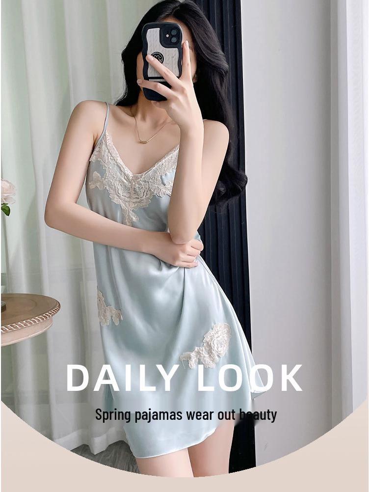 2025 Women's Pure Desire Ice Silk Robe with Lace Trim & Spaghetti Straps, Solid Color, Simple, Chest-Padded Homewear