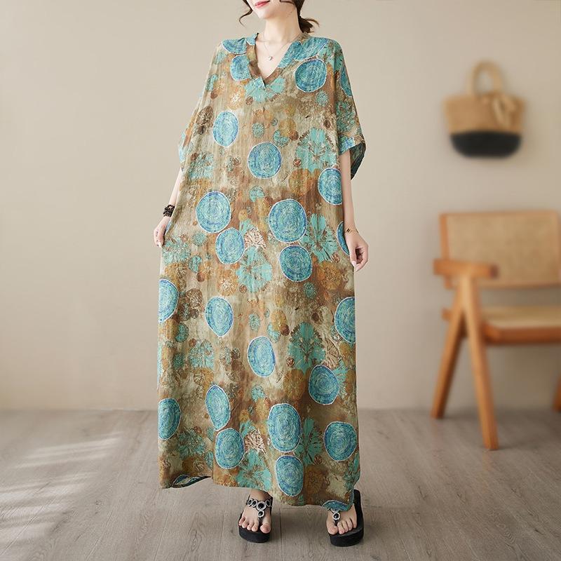Real Shot Summer Thin V-neck Cotton and Linen Large Size Loose Medium and Long Literary Holiday Style Beach Dress Women