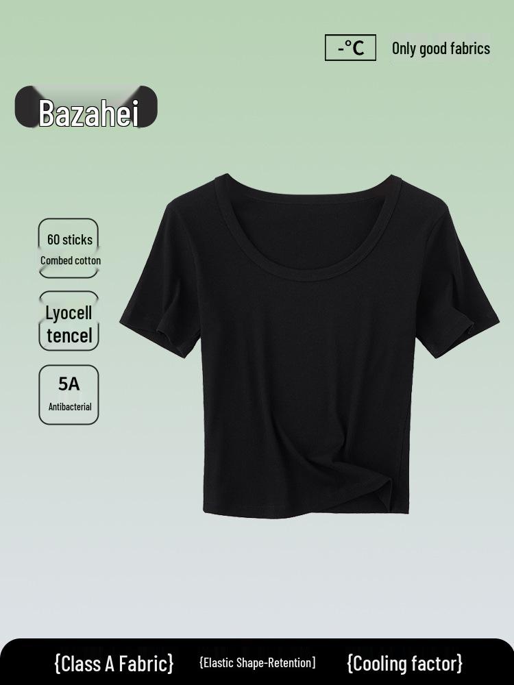 

5A Антибактериальная женская однотонная футболка из тенселя и хлопка в рубчик с коротким рукавом на лето XL [115-125 Jin]