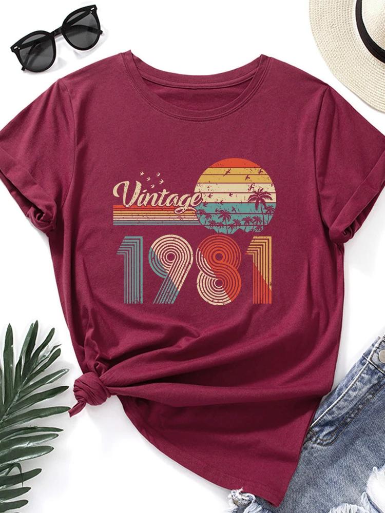 Vintage 1981 Nadruk Damska Koszulka Krótki Rękaw Okrągły Dekolt Luźna Damska Koszulka Damskie Koszulki Topy Ubrania Camisetas Mujer