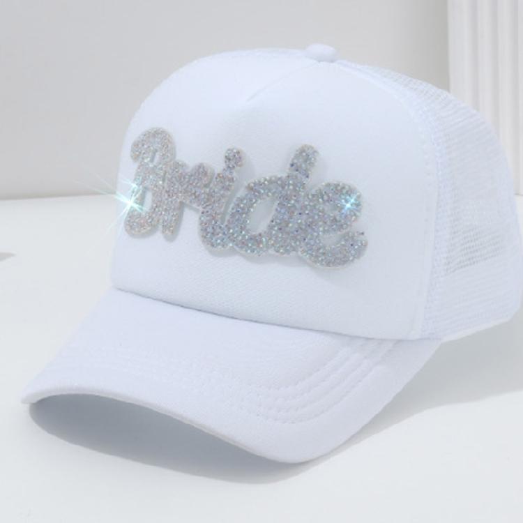 Comfortable Bride Rhinestones Embroidered Baseball Hat With Flowing Veil For Bachelorette Celebrations