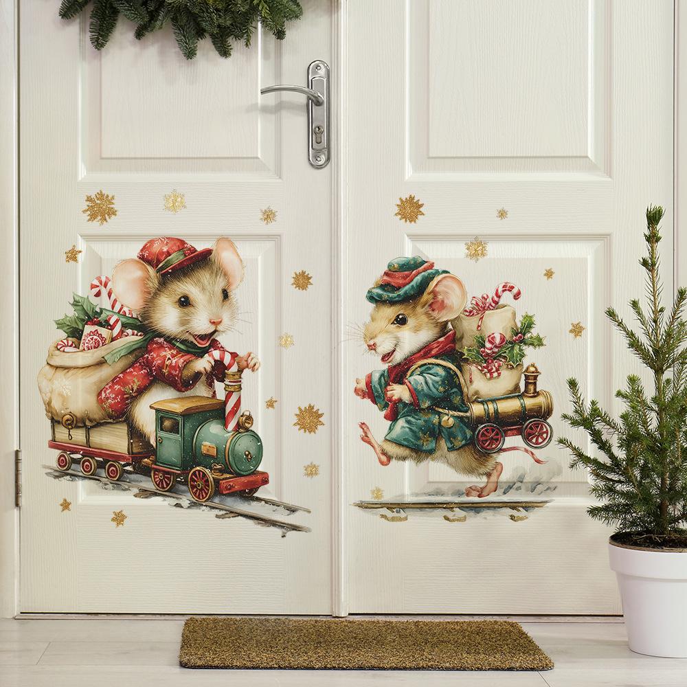 Cartoon Christmas Gift-giving Little Mouse Golden Snowflake Home Beautification and Decoration Wall Stickers