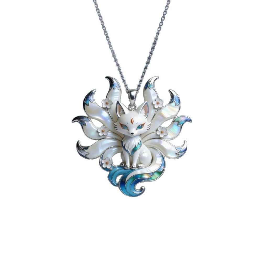 Silver Tone Chain Nine-Tailed Fox Necklace Guardian Charm Pendant Spiritual Jewelry