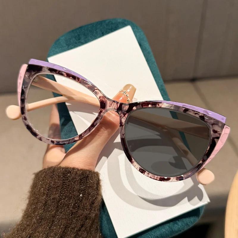 Fashion TR90 Personalized Photochromic Myopia Glasses Ladies' Cat Eye Color Blocked Blue Light Glasses Diopter To -4.0