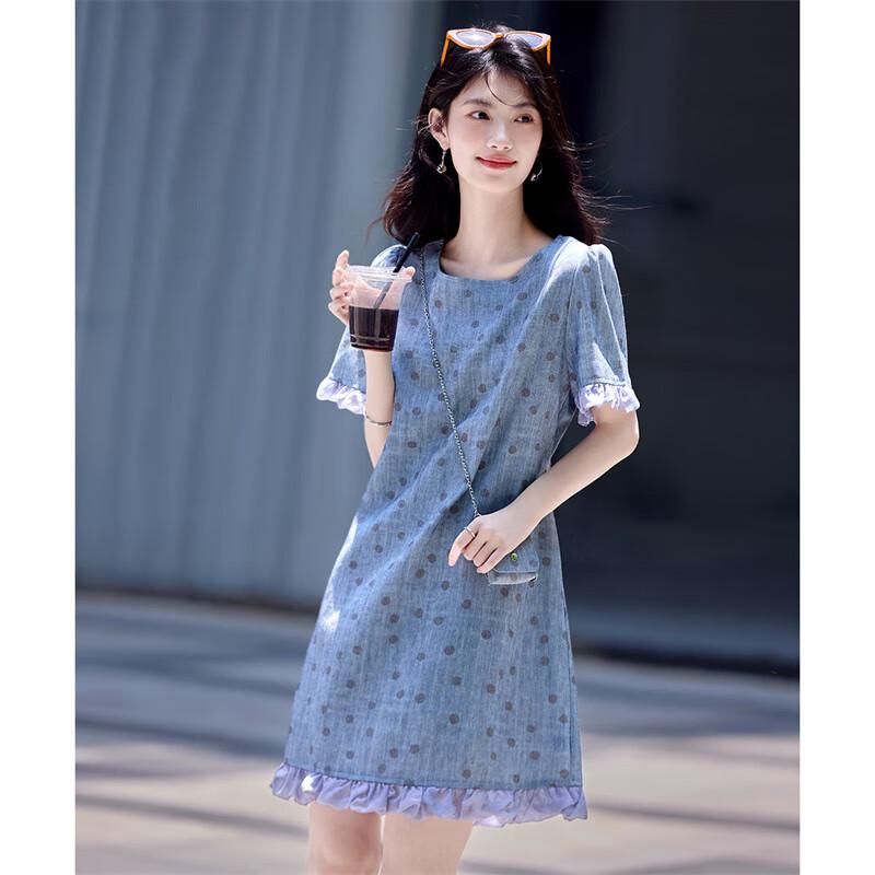 

Women s Linen Blend Polka Dot Ruffle Floral A-Line Dress L