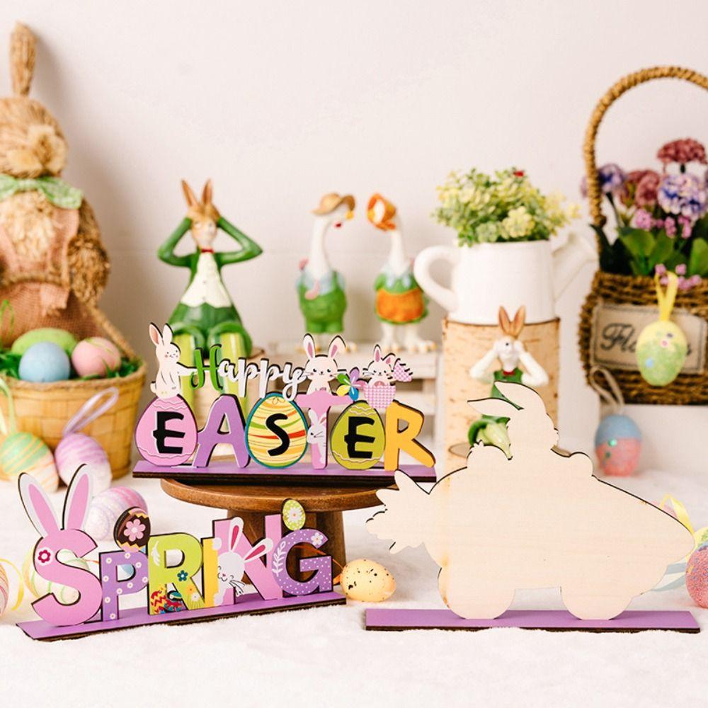 Rabbit Flower Easter Wooden Signs DIY Wood Craft  Easter Party Decoration