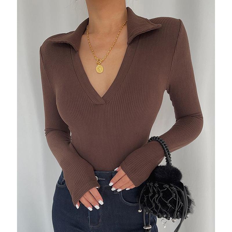 Damen V-Ausschnitt Langarm Skinny T-Shirts Damen Gestrickte Tops Herbst Winter Feste Beiläufige Dünne Damen Tees Streetwear
