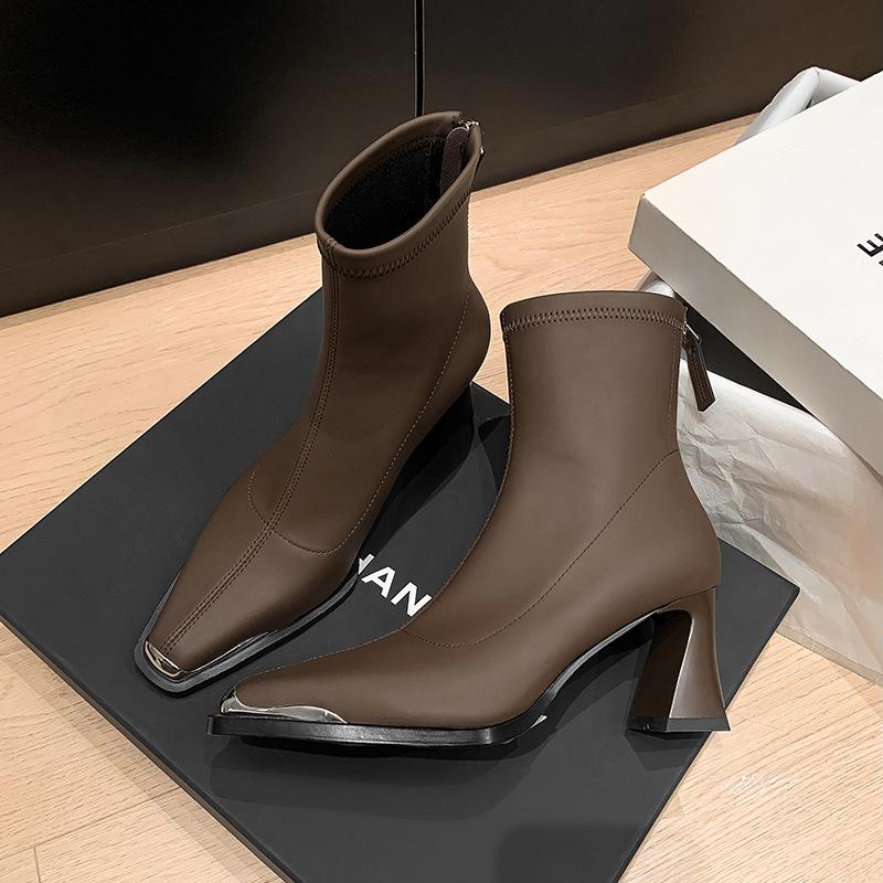 Celebrity style fashion increases height and shows thinness temperament short boots 2025 autumn new square head thick heel rear zipper high heel wom