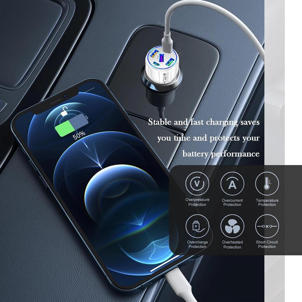 5 Port Fast Car Charger Adapter,12-24V Car Charger USB C & 30W QC3.0/3.1A Port with Reinforced Contacts & Lighting,75W Vehicle Accessories Cigarette