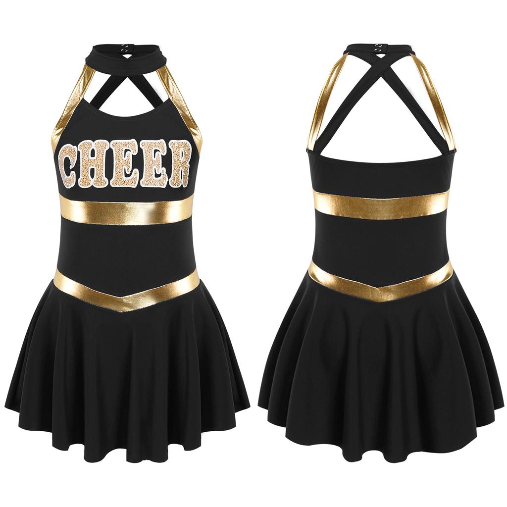 Girls Carnival Party Halloween Cosplay Cheerleading Uniform Outfit Sleeveless Crisscross Back Dress
