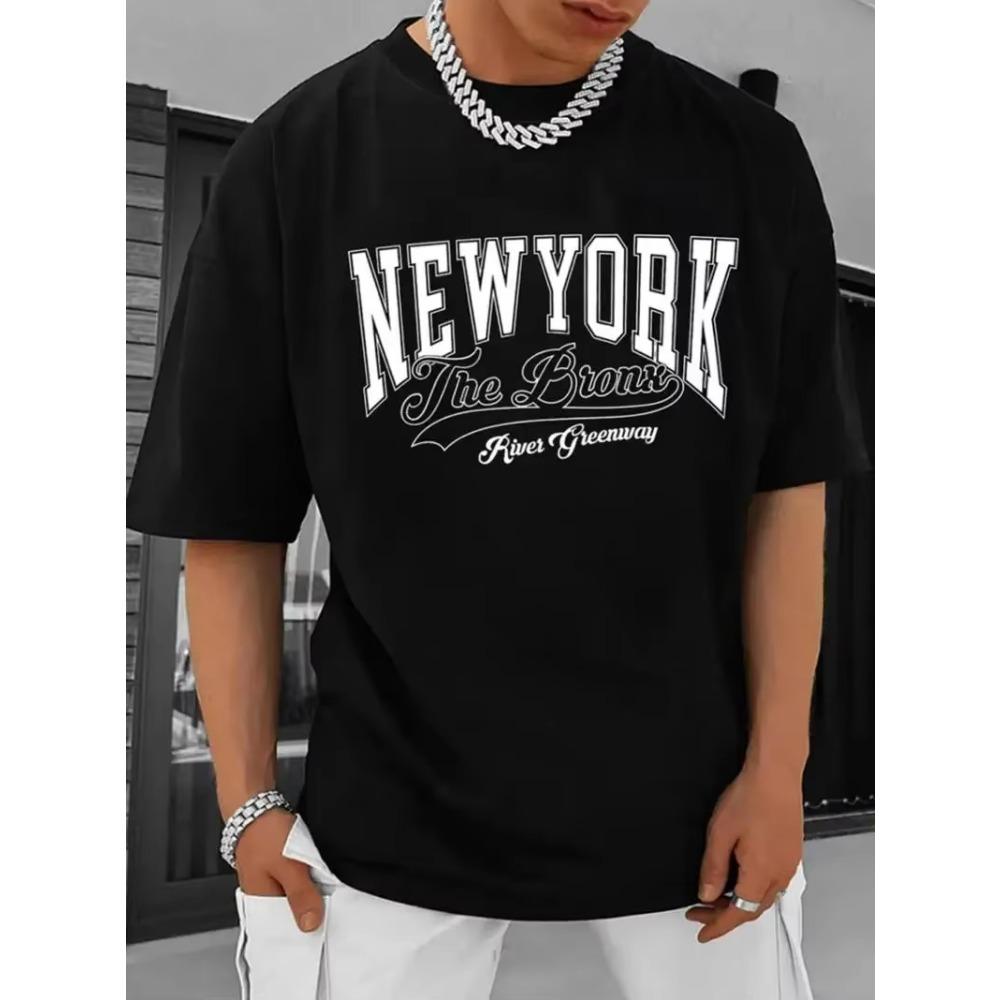 New York Print Men's Round Neck Short Sleeve Tee Fashion Slim Fit T-Shirt Top For Spring Summer Holiday