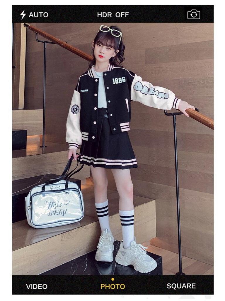 2024 Mädchen Koreanischer Stil Baseballjacke & Plisseerock Set - Frühling/Herbst Trendiges Zweiteiler für Große Kinder