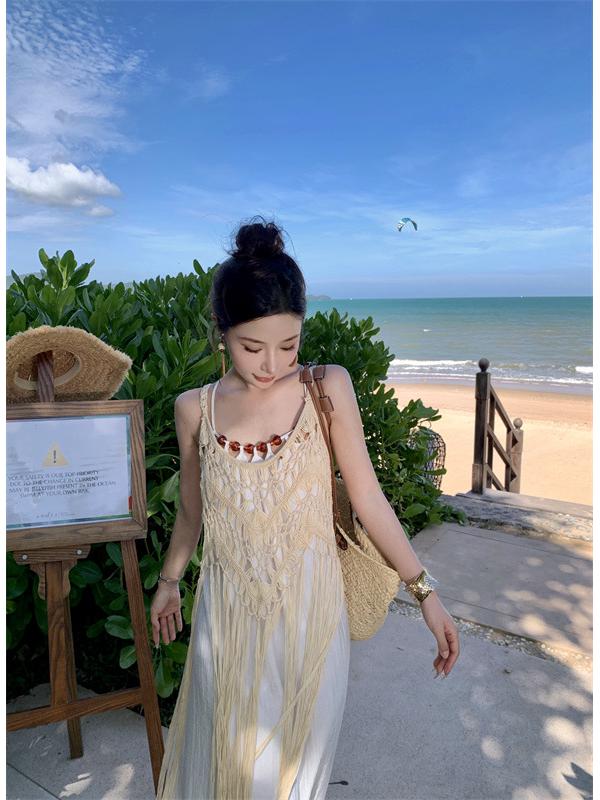 

Женское летнее пляжное парео с кисточками: Двухслойное платье-камисоль с бисером и длинная юбка One Size